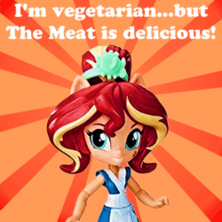 Size: 377x377 | Tagged: safe, artist:whatthehell!?, edit, imported from derpibooru, sunset shimmer, equestria girls, animated, blatant lies, doll, equestria girls minis, female, funny, gif, irl, ironic, irony, parody, photo, sunburst background, sunset sushi, toy