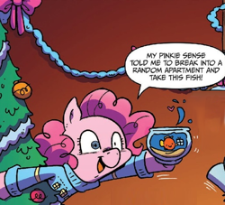 Size: 514x467 | Tagged: safe, artist:katiecandraw, idw, imported from derpibooru, pinkie pie, puddles (fish), puddles (g4), fish, spoiler:comic, spoiler:comicholiday2015, christmas sweater, christmas tree, clothes, context is for the weak, fishbowl, hearth's warming eve, holiday, out of context, pinkie sense, present, sweater, tree