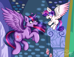 Size: 3000x2300 | Tagged: safe, artist:shamy-crist, imported from derpibooru, princess flurry heart, twilight sparkle, alicorn, pony, a flurry of emotions, flying, high res, twilight sparkle (alicorn), twilight's castle