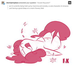 Size: 540x488 | Tagged: safe, artist:fluttershythekind, imported from derpibooru, pinkie pie, pony, ask, belly button, eyes closed, female, field, flower, monochrome, simple background, sleeping, solo, tumblr, white background, zzz