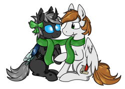 Size: 3070x2192 | Tagged: safe, artist:liserancascade, imported from derpibooru, oc, oc only, oc:axis the changeling, changeling, pegasus, pony, bow, changeling oc, clothes, cute, scarf, simple background, white background