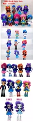 Size: 608x2233 | Tagged: safe, imported from derpibooru, dj pon-3, flash sentry, fluttershy, pinkie pie, rainbow dash, sunset shimmer, twilight sparkle, vinyl scratch, equestria girls, bootleg, chinese, comparison, doll, equestria girls minis, eqventures of the minis, guitar, musical instrument, my fun hose, toy