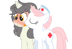 Size: 750x512 | Tagged: safe, artist:lion-grey, imported from derpibooru, nurse redheart, oc, oc:short fuse, pony, blushing, blushing profusely, canon x oc, female, licking, male, old cutie mark, simple background, tongue out, white background