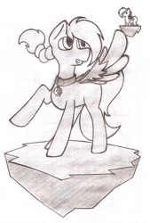 Size: 1059x1571 | Tagged: safe, artist:k-o-d-e-x, imported from derpibooru, oc, oc only, oc:windswept skies, pegasus, pony, braid, charm, collar, looking at something, looking away, male, pointy ponies, raised leg, simple background, smiling, solo, stallion, traditional art, white background, wings