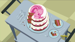 Size: 1382x777 | Tagged: safe, edit, edited screencap, imported from derpibooru, screencap, babs seed, pony, a flurry of emotions, apology cake, cake, discovery family logo, exploitable meme, food, fork, meme, plate