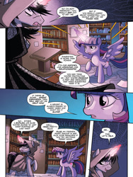 Size: 720x960 | Tagged: safe, artist:tonyfleecs, idw, imported from derpibooru, shadow lock, twilight sparkle, alicorn, pony, unicorn, from the shadows, spoiler:comic, spoiler:comic53, book, cloak, clothes, comic, female, hood, library, male, mare, official comic, preview, speech bubble, stallion, twilight sparkle (alicorn)