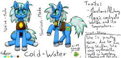 Size: 2500x1200 | Tagged: safe, artist:excarnis, imported from derpibooru, oc, oc only, oc:cold-water, pony, unicorn, alchemy, cold, free to use, reference sheet, soli, water