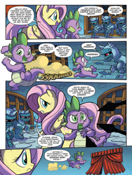 Size: 720x960 | Tagged: safe, artist:tonyfleecs, idw, imported from derpibooru, fluttershy, spike, dragon, pegasus, pony, unicorn, from the shadows, spoiler:comic, spoiler:comic53, armor, comic, female, knight, male, mare, official comic, plate armor, preview, spear, speech bubble, weapon