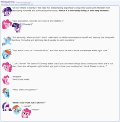 Size: 872x887 | Tagged: safe, artist:dziadek1990, imported from derpibooru, pinkie pie, rainbow dash, rarity, twilight sparkle, comedy, conversation, dialogue, emote story, emotes, exposition, fourth wall, lampshade hanging, meta, monster, reddit, text