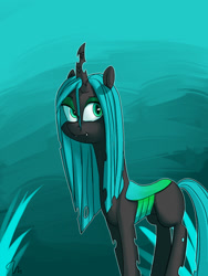 Size: 900x1200 | Tagged: safe, artist:passigcamel, imported from derpibooru, queen chrysalis, changeling, changeling queen, eyeshadow, fangs, female, grass, looking back, makeup, signature, solo