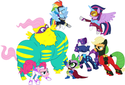 Size: 4802x3258 | Tagged: safe, artist:audiobeatzz, imported from derpibooru, applejack, fili-second, fluttershy, humdrum, masked matter-horn, mistress marevelous, pinkie pie, radiance, rainbow dash, rarity, saddle rager, spike, twilight sparkle, zapp, alicorn, dragon, earth pony, pegasus, pony, unicorn, power ponies (episode), absurd resolution, confident, eyes closed, high res, mane six, open mouth, open smile, power ponies, simple background, smiling, transparent background, twilight sparkle (alicorn), vector