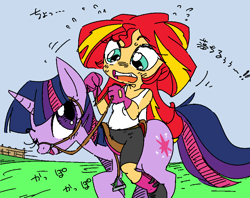 Size: 1010x800 | Tagged: artist needed, source needed, safe, imported from derpibooru, sunset shimmer, twilight sparkle, pony, unicorn, equestria girls, 4chan, boots, clothes, explicit source, eye contact, gloves, grass, humans riding ponies, japanese, looking at each other, open mouth, riding, saddle, shorts, sunset shimmer riding twilight, tack, tanktop, unicorn twilight