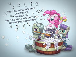 Size: 1600x1201 | Tagged: safe, artist:helmie-art, artist:helmie-d, imported from derpibooru, limestone pie, marble pie, maud pie, pinkie pie, earth pony, pony, bath, brush, bubble bath, female, forced bathing, grumpy, pie sisters, shampoo, siblings, singing, sisters, smiling, snow white and the seven dwarfs, soap, this will end in tears and/or death, when she smiles