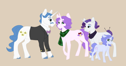 Size: 4000x2100 | Tagged: safe, artist:silcybell, imported from derpibooru, fancypants, rarity, oc, oc:eloquence, oc:jewel, pony, unicorn, alternate hairstyle, family, female, filly, male, offspring, older, parent:fancypants, parent:rarity, parents:raripants, raripants, shipping, simple, simple background, straight, tail bun