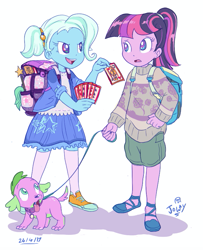 Size: 645x793 | Tagged: safe, artist:jowyb, artist:jowybean, imported from derpibooru, sci-twi, spike, spike the regular dog, trixie, twilight sparkle, dog, equestria girls, card, clothes, converse, cute, diatrixes, playing card, shoes, simple background, skirt, spikabetes, twiabetes, white background, younger