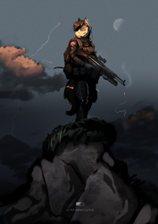 Size: 1024x1448 | Tagged: safe, artist:greenfireartist, imported from derpibooru, oc, oc only, anthro, earth pony, anthro oc, blood, cloud, commission, gun, heckler and koch, male, moon, rock, serious, serious face, sky, solo, stallion, weapon