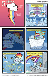 Size: 1280x1978 | Tagged: safe, artist:wadusher0, imported from derpibooru, gilda, rainbow dash, bee, griffon, pony, series:five things you didn't know, blanket, butt, cloud, comic, female, filly, flying, girly, griffonized, plot, rainbow, rainbow dash always dresses in style, rainbow griffon, rainbow tail, reincarnation, species swap, tail, tower, younger