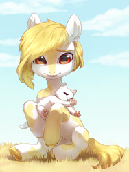 Size: 2226x2961 | Tagged: safe, artist:aphphphphp, imported from derpibooru, oc, oc only, cat, earth pony, pony, commission, ear fluff, female, kitten, mare, sitting, solo, underhoof, ych result