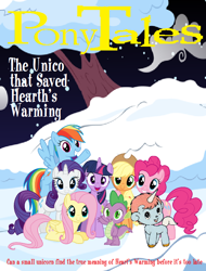 Size: 584x768 | Tagged: artist needed, safe, edit, imported from derpibooru, applejack, fluttershy, pinkie pie, rainbow dash, rarity, spike, twilight sparkle, alicorn, dragon, pony, series:pony tales, cover art, hearth's warming, mane six, parody, story in the comments, the unico that saved hearth's warming, twilight sparkle (alicorn), unico, veggietales