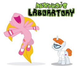 Size: 1131x967 | Tagged: safe, artist:cxfantasy, imported from derpibooru, pegasus, pony, unicorn, clothes, crossover, dee dee, dexter, dexter's laboratory, lab coat, open mouth, ponified, simple background, smiling, vector, white background