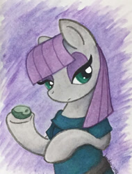 Size: 324x427 | Tagged: safe, artist:jenkiwi, imported from derpibooru, boulder (pet), maud pie, earth pony, pony, boulder (g4), clothes, duo, female, lidded eyes, mare, solo, traditional art