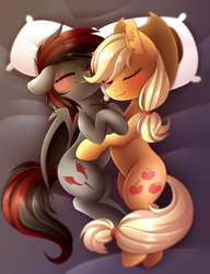 Size: 3000x3900 | Tagged: safe, artist:scarlet-spectrum, imported from derpibooru, applejack, oc, bat pony, earth pony, pony, bed, blushing, canon x oc, commission, cowboy hat, cuddling, cute, female, hat, jackabetes, lesbian, mare, pillow, sleeping, smiling, stetson