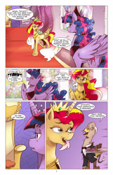 Size: 1253x1950 | Tagged: safe, artist:saturdaymorningproj, imported from derpibooru, sunset shimmer, twilight sparkle, oc, oc:bitworth, alicorn, griffon, pony, comic:a princess' worth, alicornified, alternate universe, comic, race swap, shimmercorn, throne, twilight sparkle (alicorn), yawn