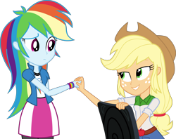 Size: 10000x7924 | Tagged: safe, artist:diegator007, imported from derpibooru, applejack, rainbow dash, equestria girls, rainbow rocks, absurd resolution, apple, block, chair, clothes, compression shorts, cowboy hat, denim skirt, freckles, hat, simple background, sitting, skirt, stetson, transparent background, vector, wristband