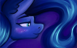 Size: 1024x640 | Tagged: safe, artist:gingersnap913, deleted from derpibooru, imported from derpibooru, princess luna, alicorn, pony, bust, female, lidded eyes, mare, portrait, profile, smiling, solo