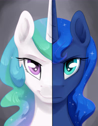 Size: 6600x8400 | Tagged: safe, artist:silfoe, imported from derpibooru, princess celestia, princess luna, alicorn, pony, absurd resolution, duo, royal sisters, split screen, two sided posters