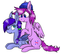 Size: 2665x2355 | Tagged: safe, artist:liserancascade, imported from derpibooru, oc, oc only, oc:amplitude, oc:silica tetrahedron, bat pony, pegasus, pony, accessory swap, beanie, braid, braiding, cute, hat, scrunchie