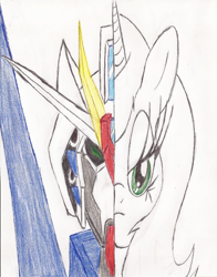 Size: 1700x2172 | Tagged: safe, artist:wyren367, imported from derpibooru, oc, oc only, oc:daiku, colored pencil drawing, colored sketch, crossover, gundam, gundam talos, simple background, solo, traditional art, white background