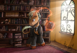 Size: 3444x2378 | Tagged: safe, artist:the-wag, imported from derpibooru, oc, oc only, oc:orobas, dracony, hybrid, backlighting, book, clothes, commission, crepuscular rays, horns, library, magic, solo, suit