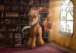 Size: 3444x2378 | Tagged: safe, artist:the-wag, imported from derpibooru, oc, oc only, oc:orobas, dracony, hybrid, backlighting, book, commission, crepuscular rays, horns, library, magic, solo