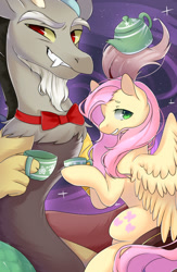 Size: 750x1150 | Tagged: safe, artist:snowillusory, imported from derpibooru, discord, fluttershy, bowtie, cup, fangs, tea kettle, teacup