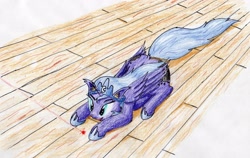 Size: 3186x2011 | Tagged: safe, artist:40kponyguy, derpibooru exclusive, imported from derpibooru, princess luna, alicorn, pony, behaving like a cat, both cutie marks, cross-eyed, ear fluff, female, floppy ears, laser pointer, pony pet, solo, traditional art, wooden floor