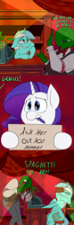 Size: 1500x4500 | Tagged: safe, artist:anontheanon, imported from derpibooru, lyra heartstrings, rarity, oc, oc:anon, human, pony, comic:the dangers of dating, absurd resolution, awkward, comic, food, heart eyes, meat, meatball, meatballs, pasta, sign, spaghetti, wingding eyes