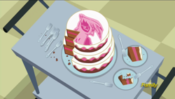 Size: 1382x777 | Tagged: safe, edit, edited screencap, imported from derpibooru, screencap, gilda, a flurry of emotions, apology cake, cake, discovery family logo, exploitable meme, food, fork, meme, plate