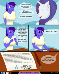 Size: 2464x3102 | Tagged: safe, artist:mostlymlpanthroporn, artist:pdude, imported from derpibooru, rainbow dash, rarity, oc, oc:monique quinn, anthro, comic:rarity's mannequin, breasts, comic, female, inanimate tf, mannequin, mannequin tf, patreon, patreon logo, petrification, transformation