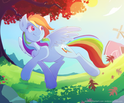 Size: 2834x2362 | Tagged: safe, artist:elstiv, imported from derpibooru, rainbow dash, pegasus, pony, barn, crepuscular rays, female, mare, scenery, solo, tree, windmill