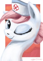 Size: 1280x1792 | Tagged: safe, artist:desertfox500, imported from derpibooru, nurse redheart, pony, 30 minute art challenge, bust, female, one eye closed, smiling, solo, wink