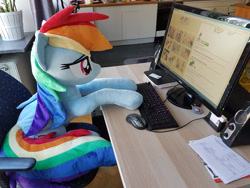 Size: 3024x2268 | Tagged: safe, artist:epicrainbowcrafts, imported from derpibooru, rainbow dash, pegasus, pony, bedroom eyes, computer, irl, photo, plushie, solo