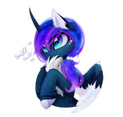 Size: 1753x1655 | Tagged: safe, artist:magnaluna, imported from derpibooru, princess luna, alicorn, pony, alternate design, cheek fluff, curved horn, cute, ear fluff, female, fur, galaxy mane, heart, leg fluff, lunabetes, mare, missing accessory, simple background, sniffing, solo, transparent background, wingding eyes