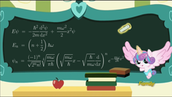 Size: 1280x720 | Tagged: safe, edit, edited screencap, imported from derpibooru, screencap, princess flurry heart, pony, a flurry of emotions, chalkboard, complicated math, discovery family logo, exploitable meme, female, flurry art, flurry heart's chalkboard, math, meme, physics, quantum mechanics, science, solo