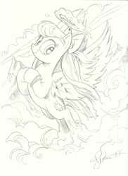 Size: 3637x5000 | Tagged: safe, artist:andypriceart, imported from derpibooru, angel wings, pegasus, pony, absurd resolution, babscon 2017, bow, female, flying, hair bow, lineart, looking at you, mare, monochrome, mountain, pencil drawing, scanned, solo, spread wings, too big for derpibooru, traditional art, wings