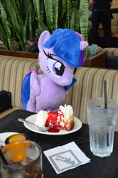 Size: 1024x1546 | Tagged: safe, artist:172rainbow, imported from derpibooru, twilight sparkle, alicorn, pony, cake, cheesecake, food, irl, photo, plushie, twilight sparkle (alicorn), waifu dinner