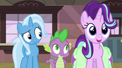 Size: 1280x720 | Tagged: safe, imported from derpibooru, screencap, spike, starlight glimmer, trixie, dragon, pony, unicorn, all bottled up, cute, female, glimmerbetes, mare, the amazing trio of friendship