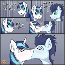 Size: 4000x4000 | Tagged: safe, artist:notsafeforhoofs, imported from derpibooru, shining armor, soarin', pegasus, pony, unicorn, saddle up!, blushing, comic, explicit source, gay, infidelity, kiss on the lips, kissing, male, shipping, soarin' armor, stallion