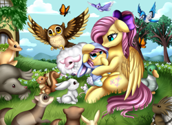 Size: 3509x2550 | Tagged: safe, artist:pridark, imported from derpibooru, fluttershy, oc, pony, alternate hairstyle, animal, baby, baby pony, bow, clothes, commission, cute, fluttershy's cottage, grass, hair bow, holding, hoodie, mother and son, offspring, parent:fluttershy, shyabetes, sitting