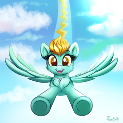 Size: 1000x1000 | Tagged: safe, artist:confetticakez, imported from derpibooru, lightning dust, pegasus, pony, chest fluff, cute, dustabetes, female, flying, incoming hug, looking at you, mare, open mouth, sky, solo, speed trail, spread wings, wings